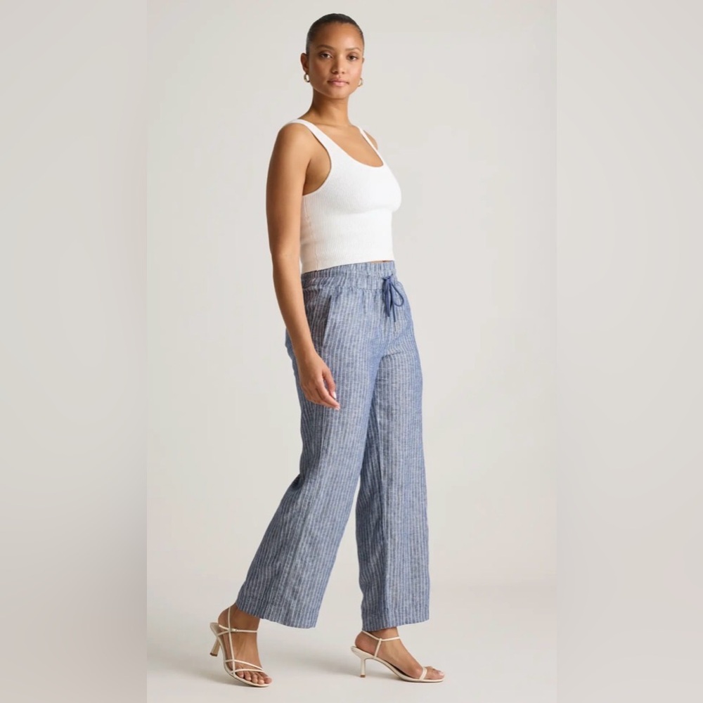 Quince Chambray Stripe Linen Wide Leg Pants - Blue/White Pinstripe - Picture 2 of 8